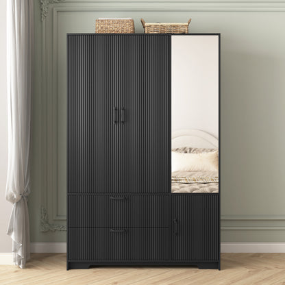 4 Doors Wardrobe Closet with Mirror, LED Wardrobe with Doors and 2 Drawers, Wooden Wardrobe Storage Cabinet with Hanging Rod, Adjustable Shelves, Black
