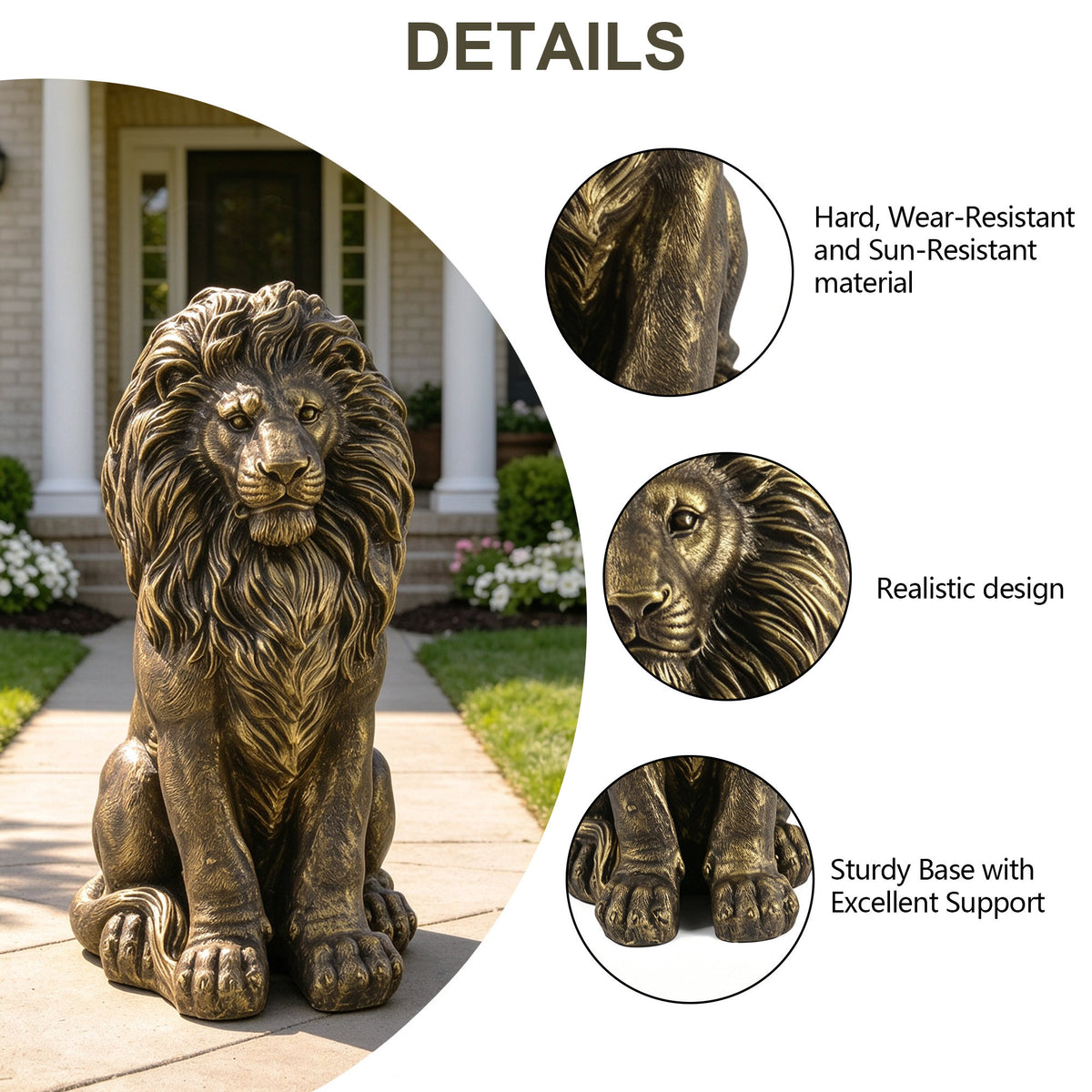 24.61' Outdoor Lion Statue, Magnesium Oxide Stone Composite Animal Sculpture Statue Decor for Front Door, Yard Patio Garden, Antique Bronze Finish, Ideal Gift for Housewarming & Estate Decoration