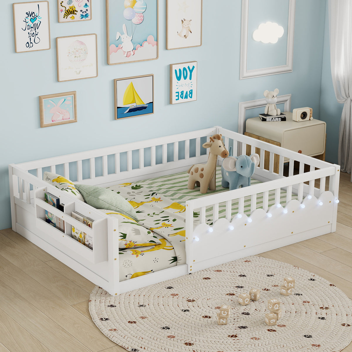 Full Montessori Floor Bed Frame with High Rails, Wood Kids Floor Beds with Light and Storage Shelf, White(Old SKU W2593P333586  Estimated arrival time 2026/9/15)