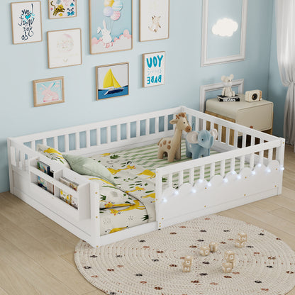 Full Montessori Floor Bed Frame with High Rails, Wood Kids Floor Beds with Light and Storage Shelf, White(Old SKU W2593P333586  Estimated arrival time 2026/9/15)