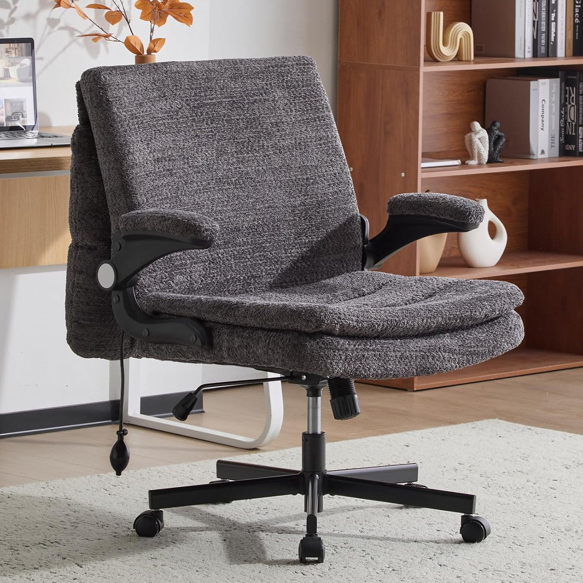 Criss Cross Legged Office Chair with Flip-Up Back Built-In Dynamic Airbag Lumbar Support, Wide Seat Desk Chair with Flip-Up Arms and Wheels, Modern Cross-Leg Chair for Home Office, Vanity,Gray.