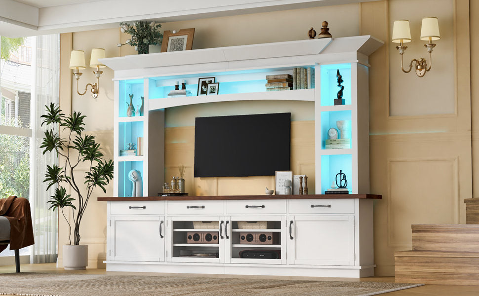 94.3' Extra Long Farmhouse TV Stand with 7-Color LED Lights, Adjustable Shelves & Storage Cabinets, Modern Entertainment Center Media Console for 65 Inch TVs for Living Room