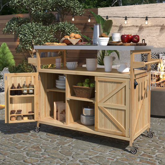 K&K Outdoor Kitchen Island, Rolling Bar Cart & Storage Cabinet, Farmhouse Solid Wood Outdoor Grill Table with Stainless Steel Top – Model WF532198AAY