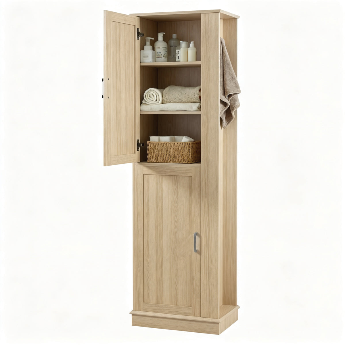 Tall Bathroom Storage Cabinet, Freestanding Storage Cabinet with Hook and Adjustable Shelf, MDF Board, Natural
