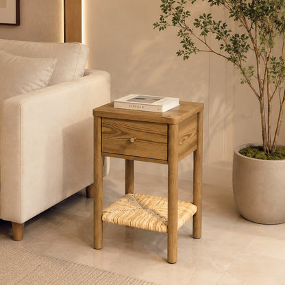 Walnut Ainsley Nightstand Side End Table with Rounded Edge Tabletop, Solid Wood Round Legs, Woven Jute Storage Shelf & Drawer, for Bedroom Living Room