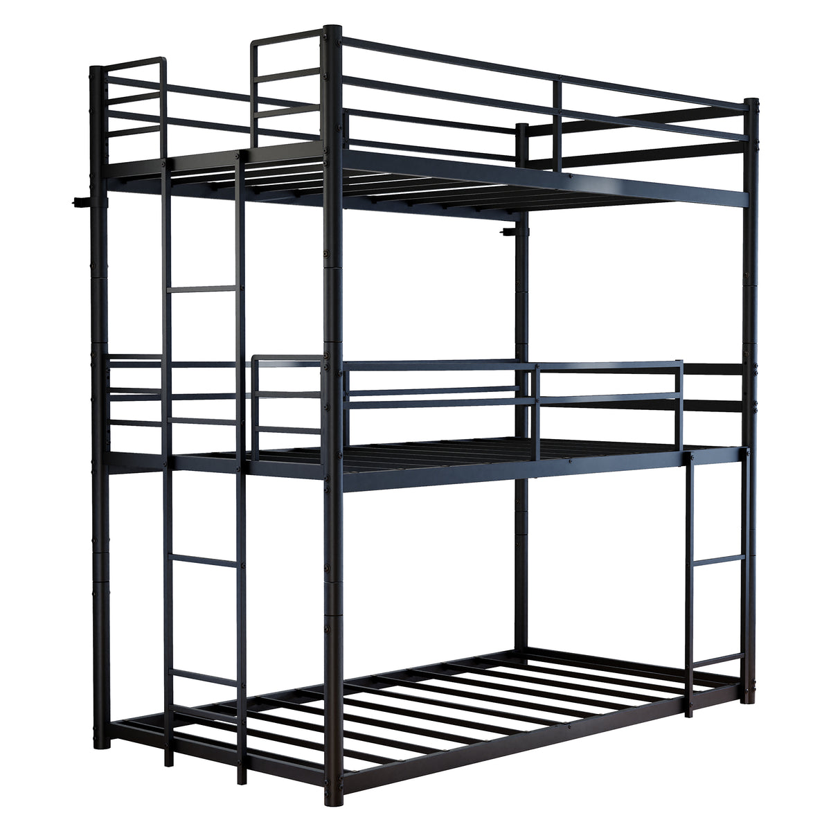 Metal Triple Bunk Bed Twin over Twin over Twin, Convertible 3-in-1 Detachable Bed Frame with Anti-Tip Bracket, Guardrails, Slats Support, Noise Free, No Box Spring, Black