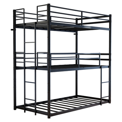 Metal Triple Bunk Bed Twin over Twin over Twin, Convertible 3-in-1 Detachable Bed Frame with Anti-Tip Bracket, Guardrails, Slats Support, Noise Free, No Box Spring, Black