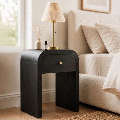 Curved black wooden side table with 1 drawer Nightstand Side End Table with Rounded Edge Tabletop for Bedroom Living Room