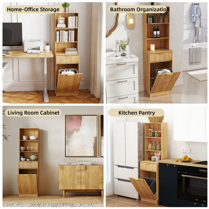 Tall Narrow Fluted Storage Cabinet with 10-Gallon Hidden Trash Bin Compartment, Freestanding Cabinet, Fixed Open Shelves & Drawer, Anti‑Tip for Kitchen Home‑Office Living Room (Trash Can NOT Included)