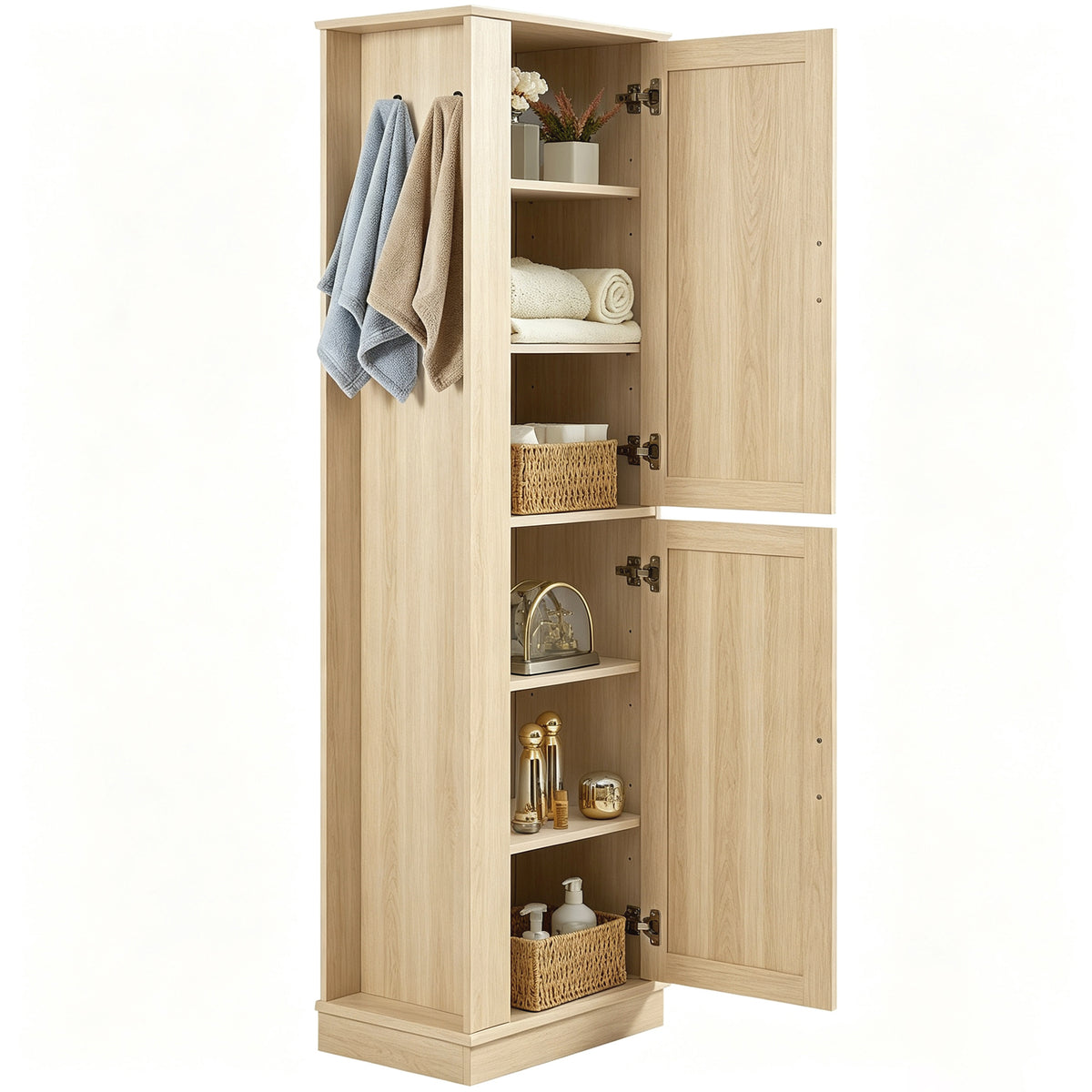 Tall Bathroom Storage Cabinet, Freestanding Storage Cabinet with Hook and Adjustable Shelf, MDF Board, Natural