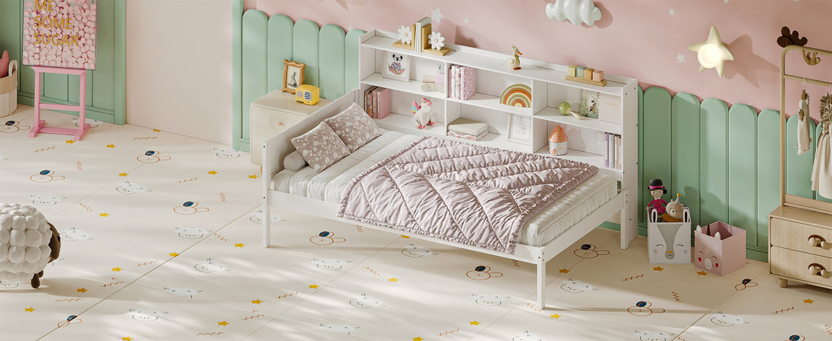 Twin Size Solid Wood Single Bed with Large Multi-compartment Storage Headboard Bookshelf, Simple Solid Wood Bed Frame, Multi-functional Storage Bed for Bedroom,White