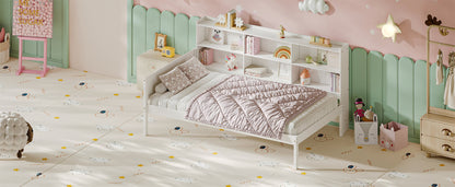 Twin Size Solid Wood Single Bed with Large Multi-compartment Storage Headboard Bookshelf, Simple Solid Wood Bed Frame, Multi-functional Storage Bed for Bedroom,White