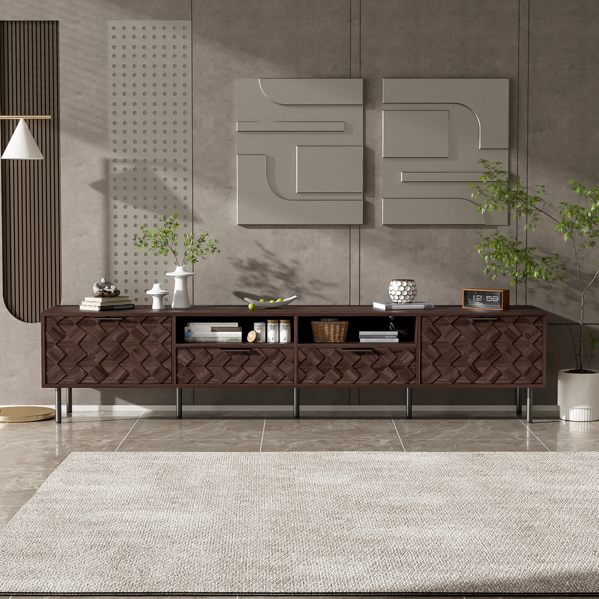 Modern 78 inch TV Stand for TVs up to 85 inches, Walnut Finish with Closed Storage, Soft-Closing Hinges, Iron Legs