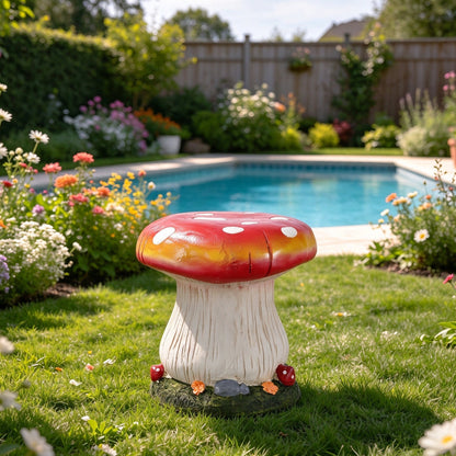 13' Mushroom Stool Garden Statue, Magnesium Oxide Stone Composite Outdoor Stool Decor, Red Cap with Yellow Edge, Sculpture Decor for Yard, Patio, Garden & Backyard, Ideal Gift for Garden Decoration