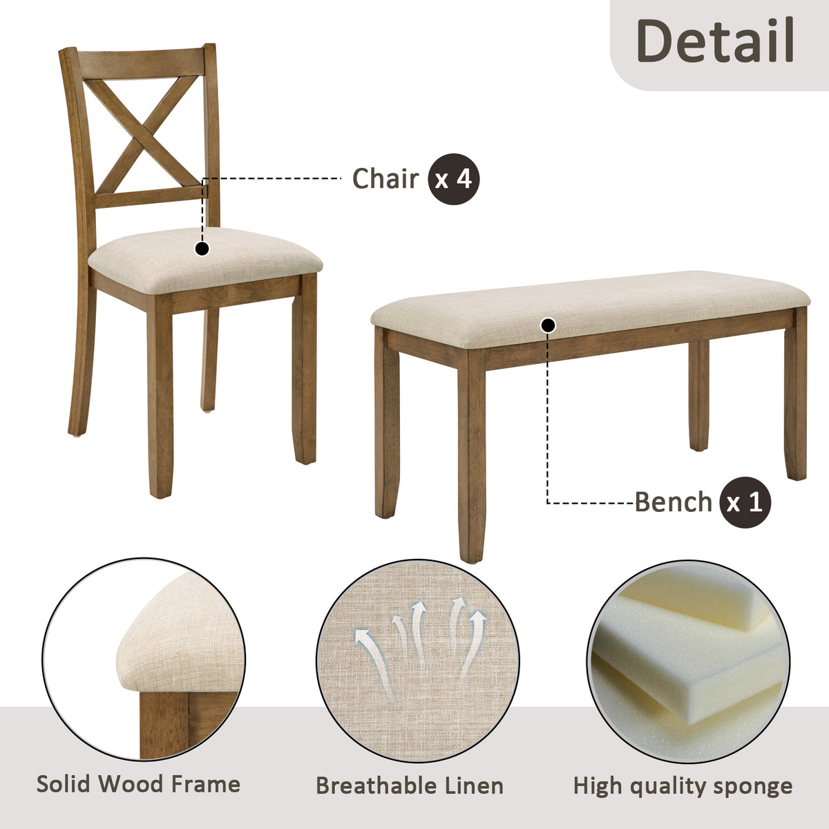 Oak Finish 6-Piece Dining Table Set – Large Rectangular Table with Upholstered Bench & 4 X-Back Chairs, Solid Rubberwood Frame, Farmhouse Kitchen Furniture for Family Dinners & Gatherings