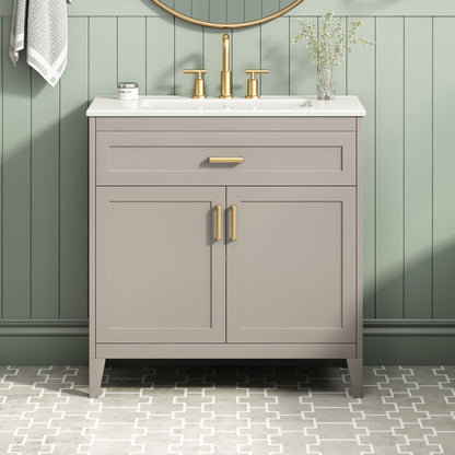 [Video] 30" Bathroom Vanity with Ceramic Sink Top, Solid Wood Legs, Soft-Close Double Doors & Tip-Out Drawer, Adjustable Interior Shelf, Door-mounted Organizers, Beige