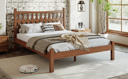 Full Size Bamboo Platform Bed with Diamond-shaped headboard, Solid Bamboo-made Bed Frame with Support Slats, for Bedroom, Guest Rooms, Brown