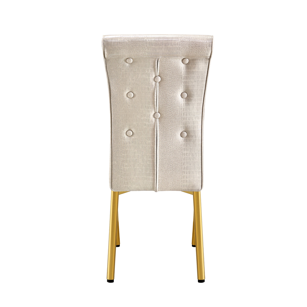 A set of 2 beige and gold vintage crocodile leather cushioned dining chairs, featuring crystal clasp design and artificial leather design, adding a touch of elegance and mystery to the dining area