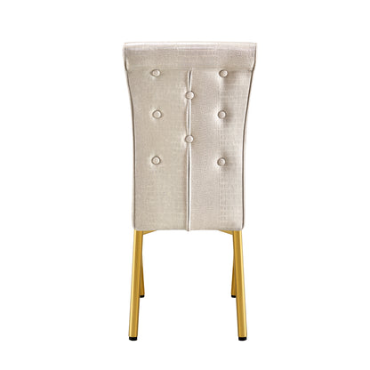 A set of 2 beige and gold vintage crocodile leather cushioned dining chairs, featuring crystal clasp design and artificial leather design, adding a touch of elegance and mystery to the dining area