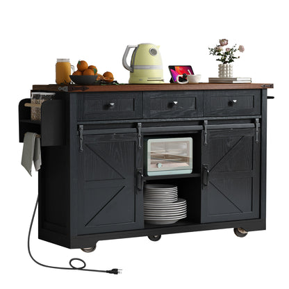 K&K 53.7" Farmhouse Kitchen Island with Power Outlet, 2 Sliding Barn Door Kitchen Storage Island with Drop Leaf – Black