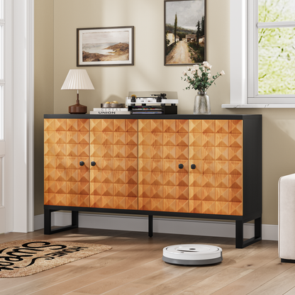 Modern buffet cabinet with storage space,Retro style four door wooden storage cabinet,Multifunctional decorative cabinet with geometric patterns,Suitable for living room,dining room,entrance,hallway
