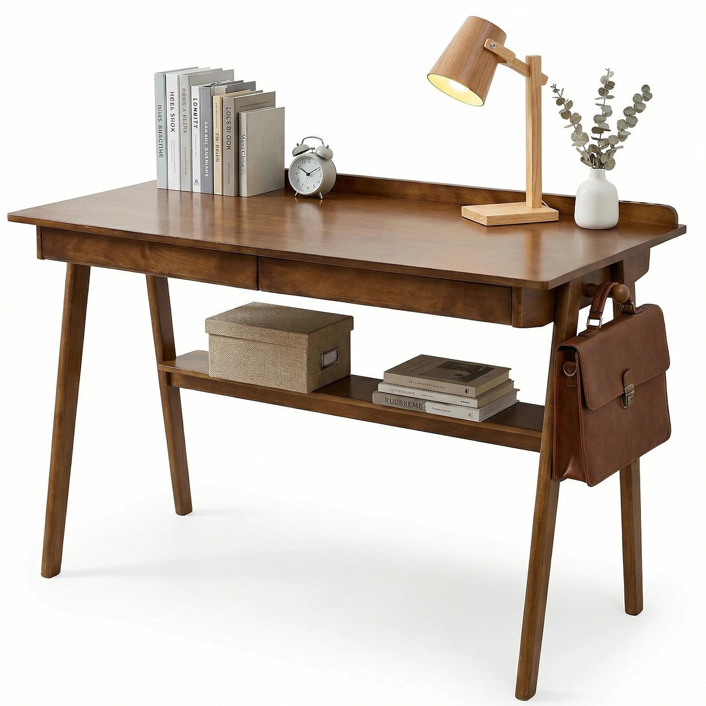 Solid Wood Writing Desk, Home Office Desk for Small Spaces, Mid Century Modern Desks with 2 Drawers & Storage Shelf, Standing Desk with Side Hooks for Study, Bedroom, Office (Walnut)