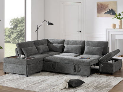 [VIDEO]107'' Sectional Sleeper Sofa Bed with Pull Out Couch, L-shaped with Adjustable Armrest, USB&Type-C Charging
