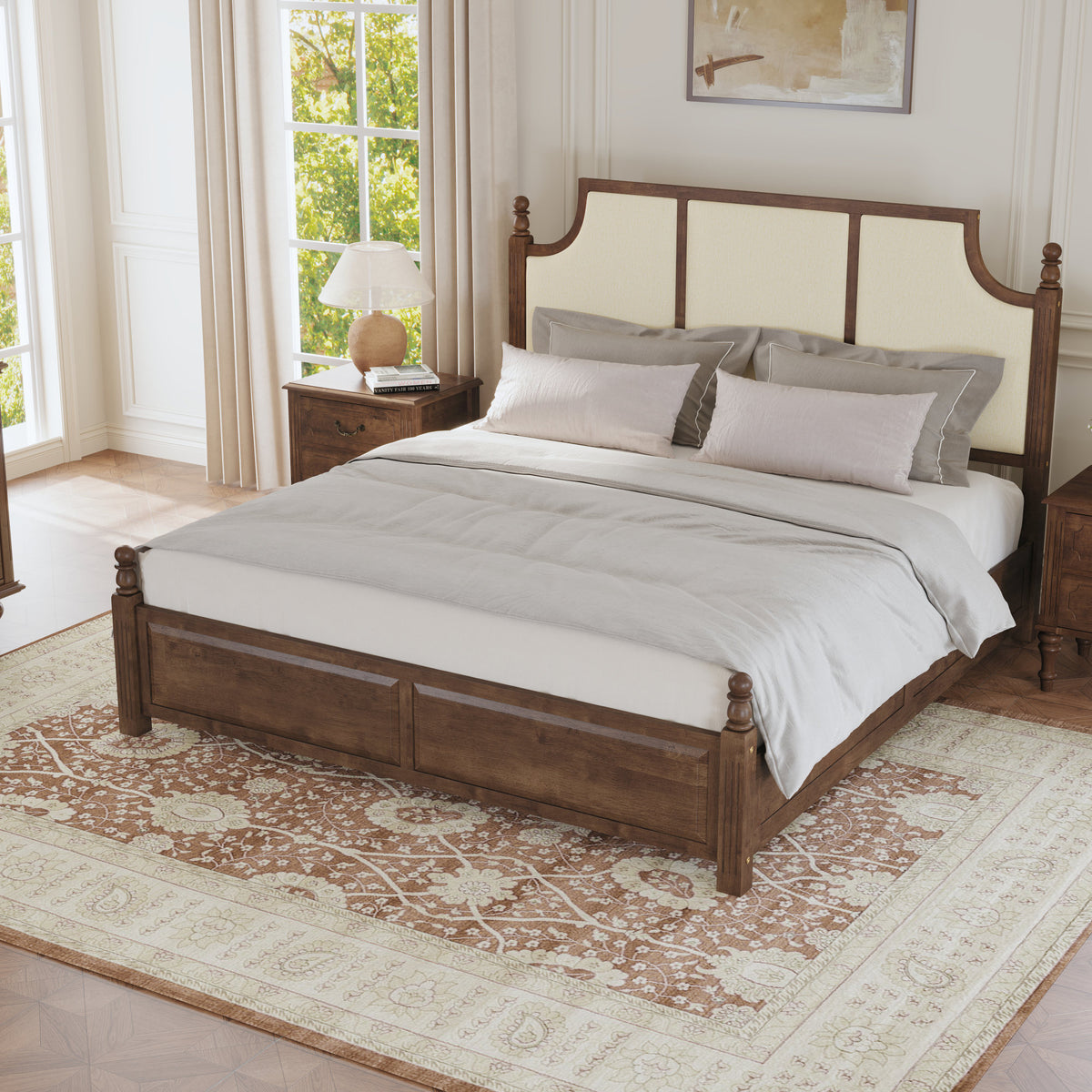 King Size Farmhouse Solid Wood Platform Bed Frame, with 50.8" Tall Beige Linen Upholstered Headboard, decorative turned bed posts, No Box Spring Needed, Walnut
