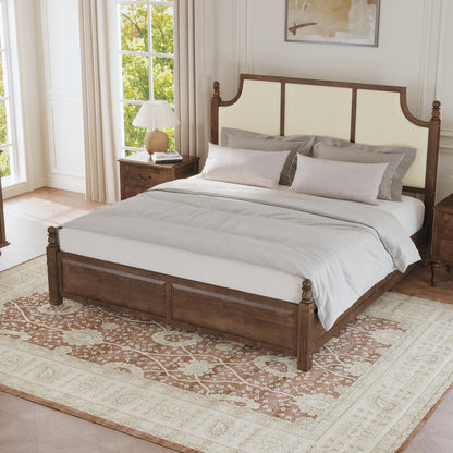 King Size Farmhouse Solid Wood Platform Bed Frame, with 50.8" Tall Beige Linen Upholstered Headboard, decorative turned bed posts, No Box Spring Needed, Walnut