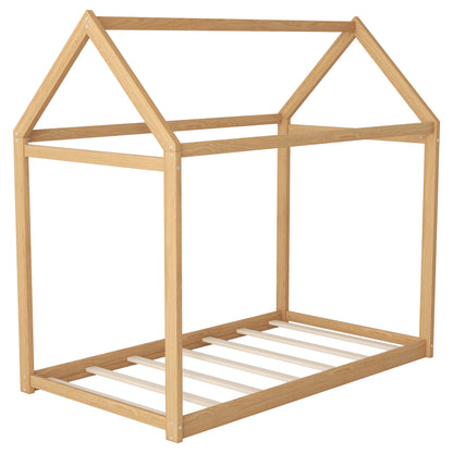 Twin Size Wooden House Bed, Wood Color