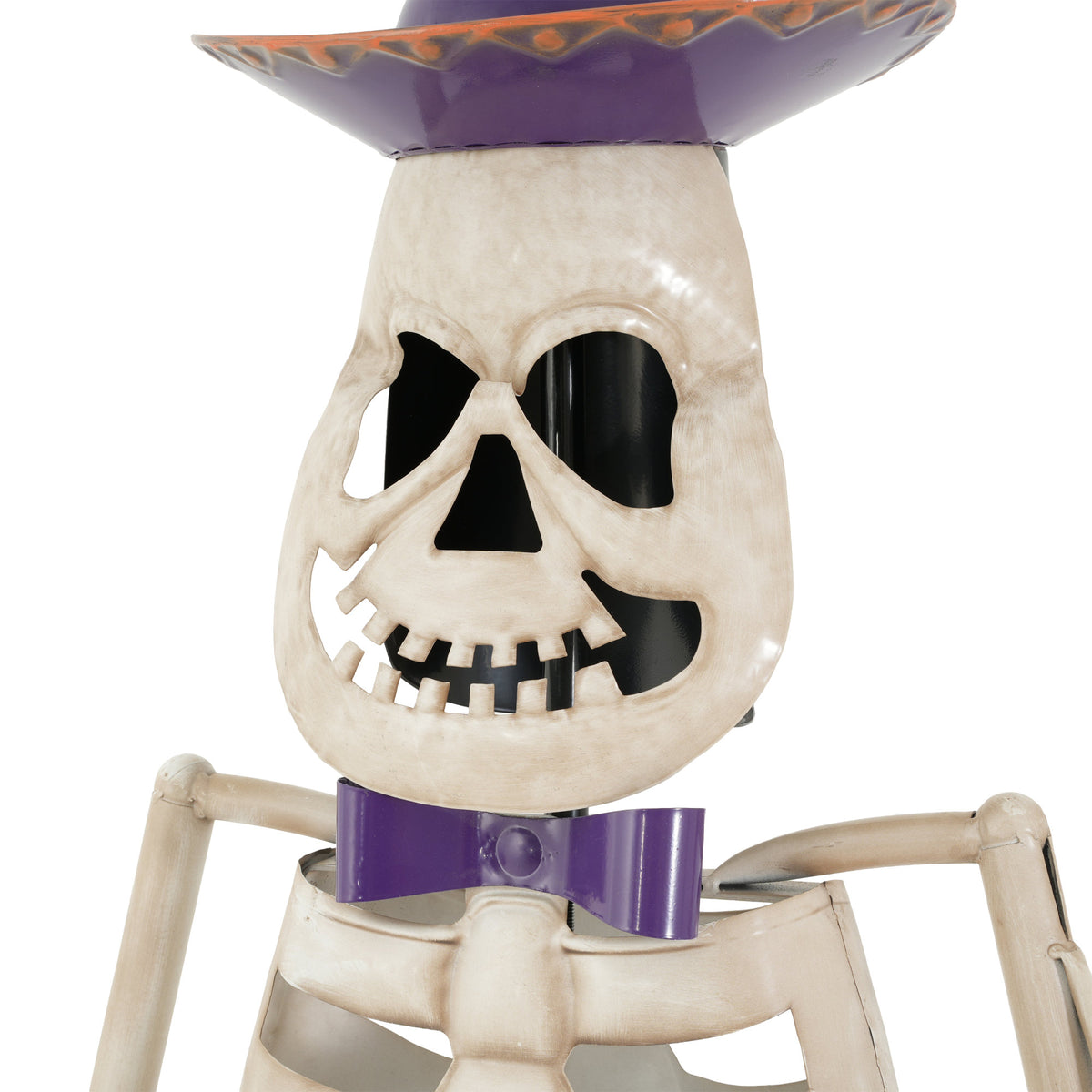 Halloween Skeleton Guitar Yard Decoration, 61.8 Inch Metal Statue with Purple Hat and Bow Tie in Ivory White for Outdoor Porch, Lawn, and Party Decor