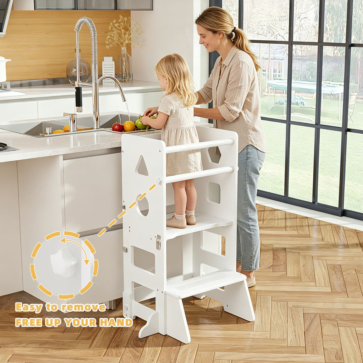 4-in-1 Toddler Kitchen Step Stool,Foldable Learning Standing Tower with Blackboard, Wooden Kitchen Stool Helper for Kids, 1-3 Year Old Boy Girl Gifts(White)