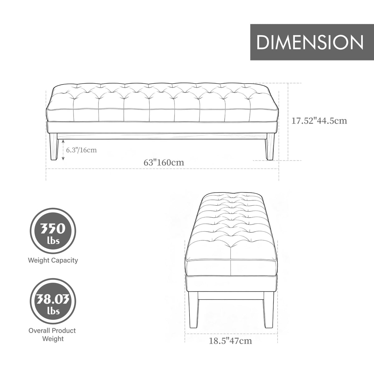 63'' Wide Upholstered Chenille Accent End of Bed Bench Ottoman With Nature-finished Rubberwood Legs, Tufted Footstool with Padded Seat for Window Entryway Living Room Bedroom Dining Hallway, Blue