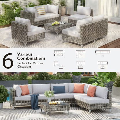 K&K 7-Piece Wicker Patio Furniture Set, Outdoor Conversation Set Sectional Sofa with Water Resistant Grey Thick Cushions and Coffee Table