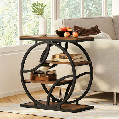 4-Tier Side Table with Storage, 25.6" Narrow End Table, Industrial Plant Stand & Nightstand, Geometric Metal Frame Accent Table for Living Room, Bedroom & Small Spaces, ( Brown)