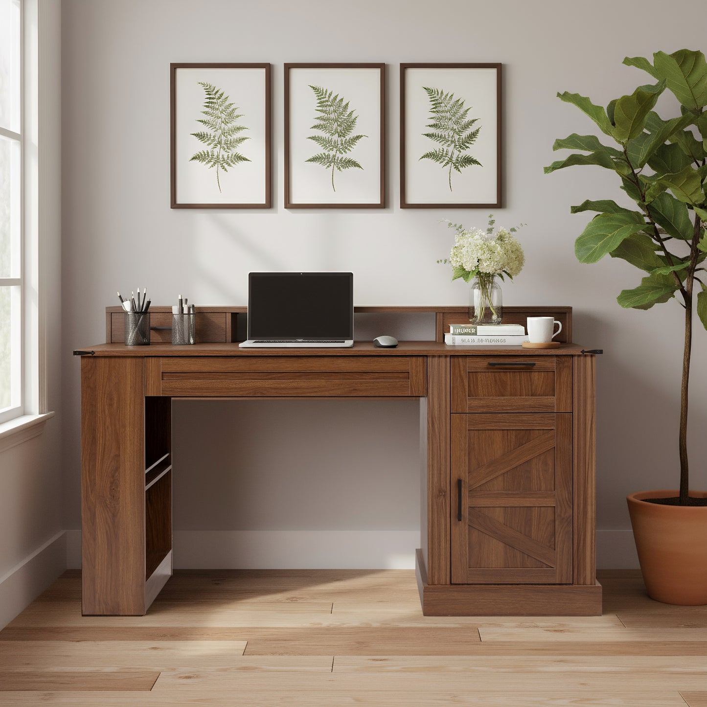 55' Farmhouse Office Desk with Storage Cabinet & Charging Station, Barn Door Design Computer Writing Desk with Keyboard Tray, Monitor Stand & Pegboard for Study, Living Room, Home Office, Dark Walnut