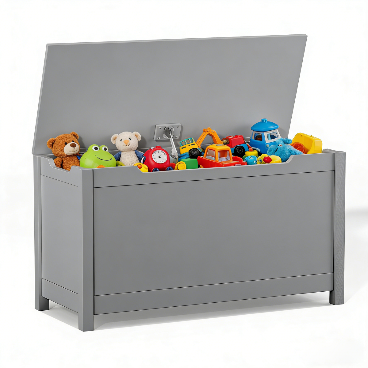 Kids Wooden Toy Box Storage with Safety Hinged Lid in Gray MDF for Ages 2+