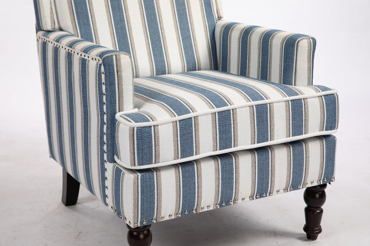 Upholstered Accent Chair, Vintage Armchair with Solid Wood Legs, Blue and White Striped Linen Fabric and Nailhead Trim for Living Room