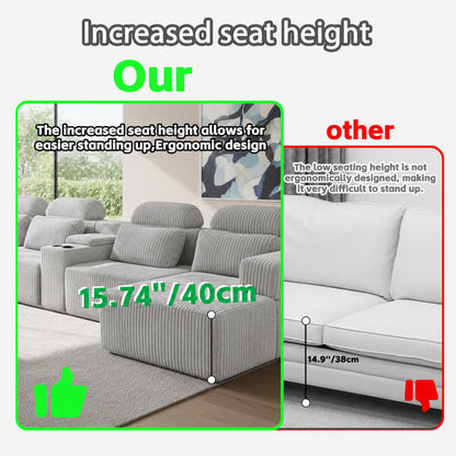 Modern  grey corduroy 6-seater U-shaped sofa with lounge chair and cup holder -145.7 inch oversized modular compression sofa, suitable for home theaters, luxury living spaces, tool free assembly