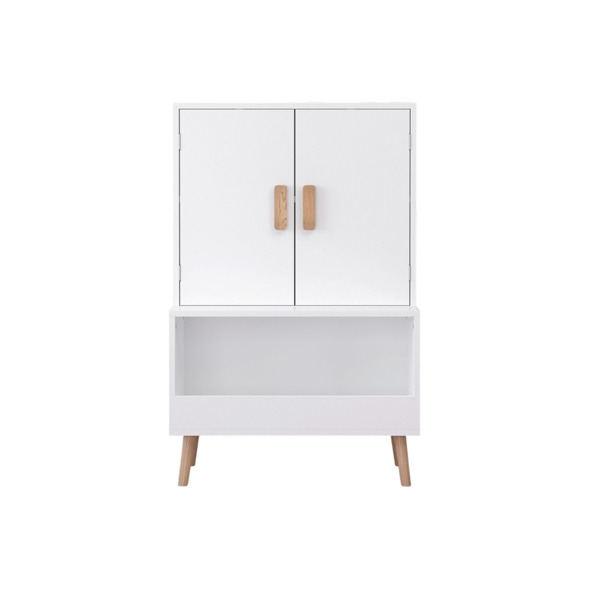 Kids Toy Storage Cabinet with Doors and Open Shelf, White Modern Wooden Organizer with Natural Wood Legs, Toddler Bookshelf