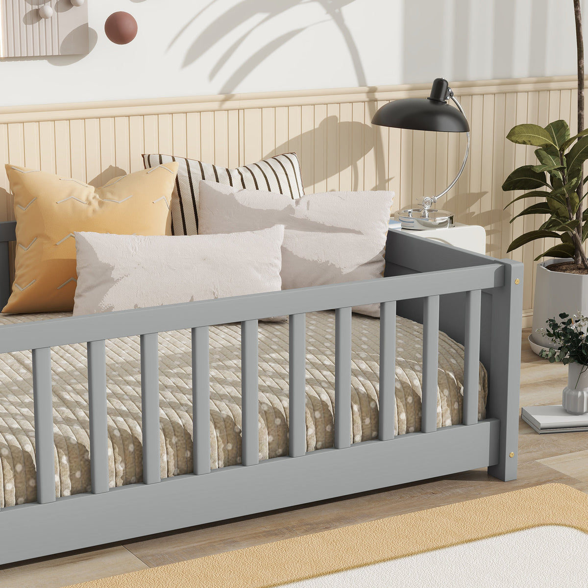 Twin size Floor Platform Bed with Built-in Book Rack, Grey