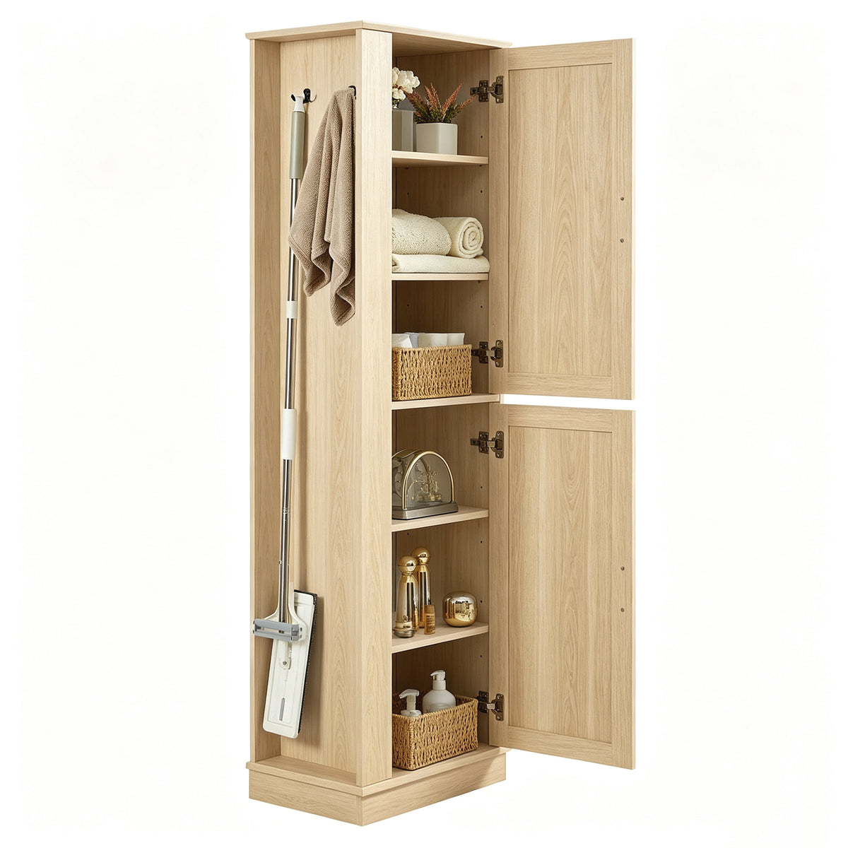 Tall Bathroom Storage Cabinet, Freestanding Storage Cabinet with Hook and Adjustable Shelf, MDF Board, Natural