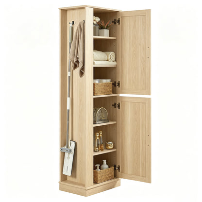 Tall Bathroom Storage Cabinet, Freestanding Storage Cabinet with Hook and Adjustable Shelf, MDF Board, Natural