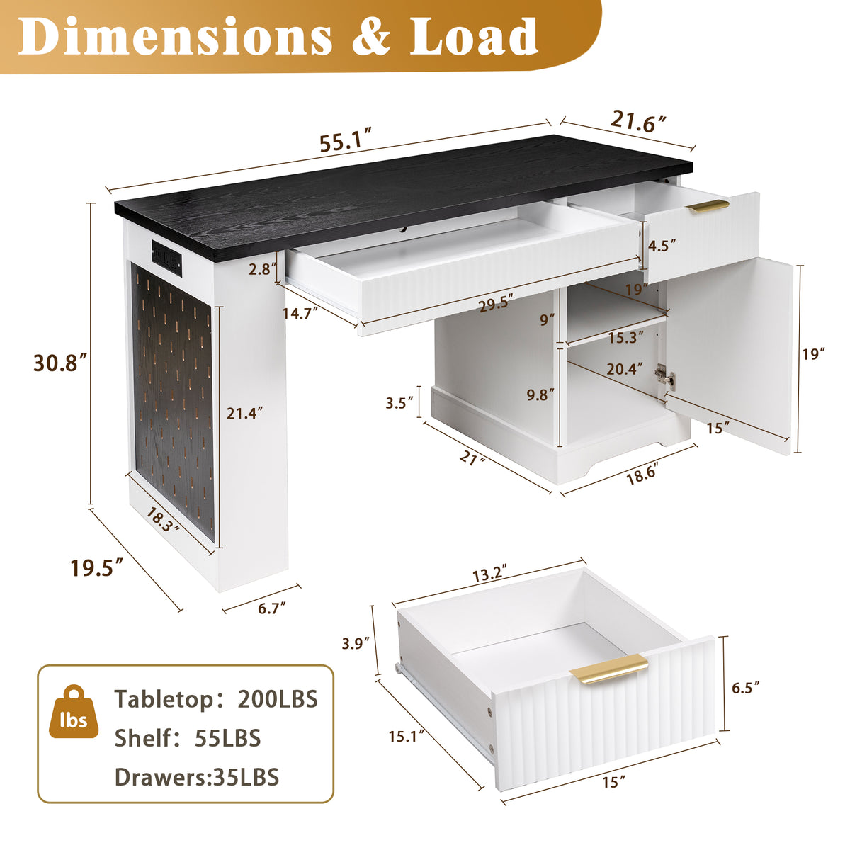 55" Modern Fluted Office Desk with Storage Cabinet & Drawers, Computer Writing Desk with Power Outlet, Pegboard