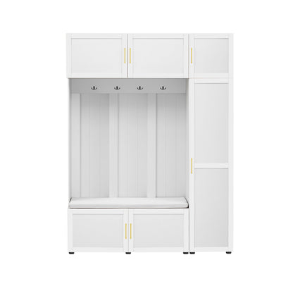 U-Can American Style 4-in-1 Hall Tree with Padded Bench, 4 Hooks, and Multi-Tier Storage Shelves – White