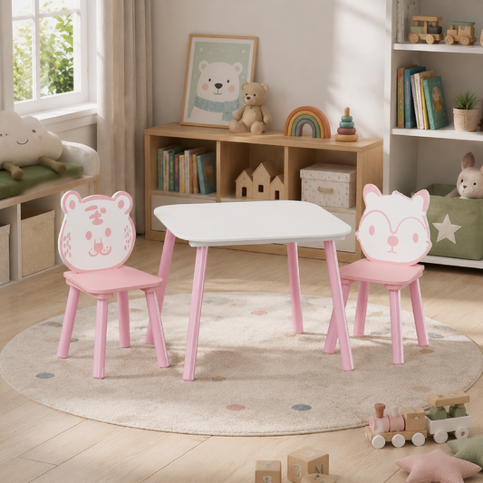Kids Table and Chair Set, 3-Piece Wooden Toddler Desk with Animal Backrest, Activity Table for Drawing, Learning