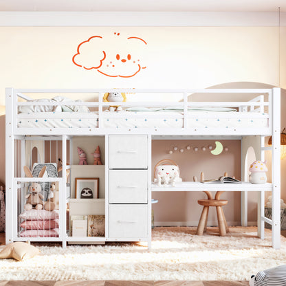 Twin Metal Low Loft Bed for Kids, Low Loft Bed with Storage Drawer, Low Loft Bed with Bookshelf & Built-in Desk, Sturdy Low Loft Bed Frame, Multi-Function Low Loft Bed for Kids.White