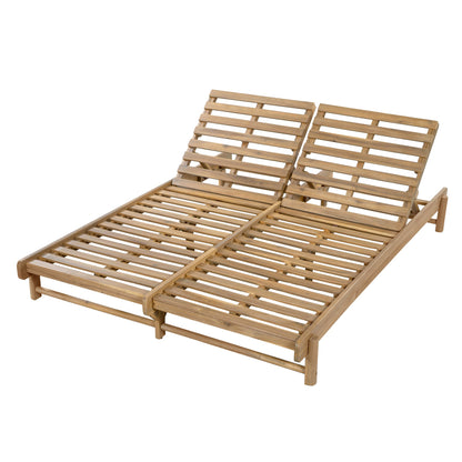 Light Teak Acacia Wood Double Chaise Lounger Set: 1 Frame + 2 Dark Grey Cushions, 800 lbs Capacity, 3-Position Adjustable Backrest, 4" Thick 2-Fold Water-Resistant Cushions for Patio Poolside Backyard