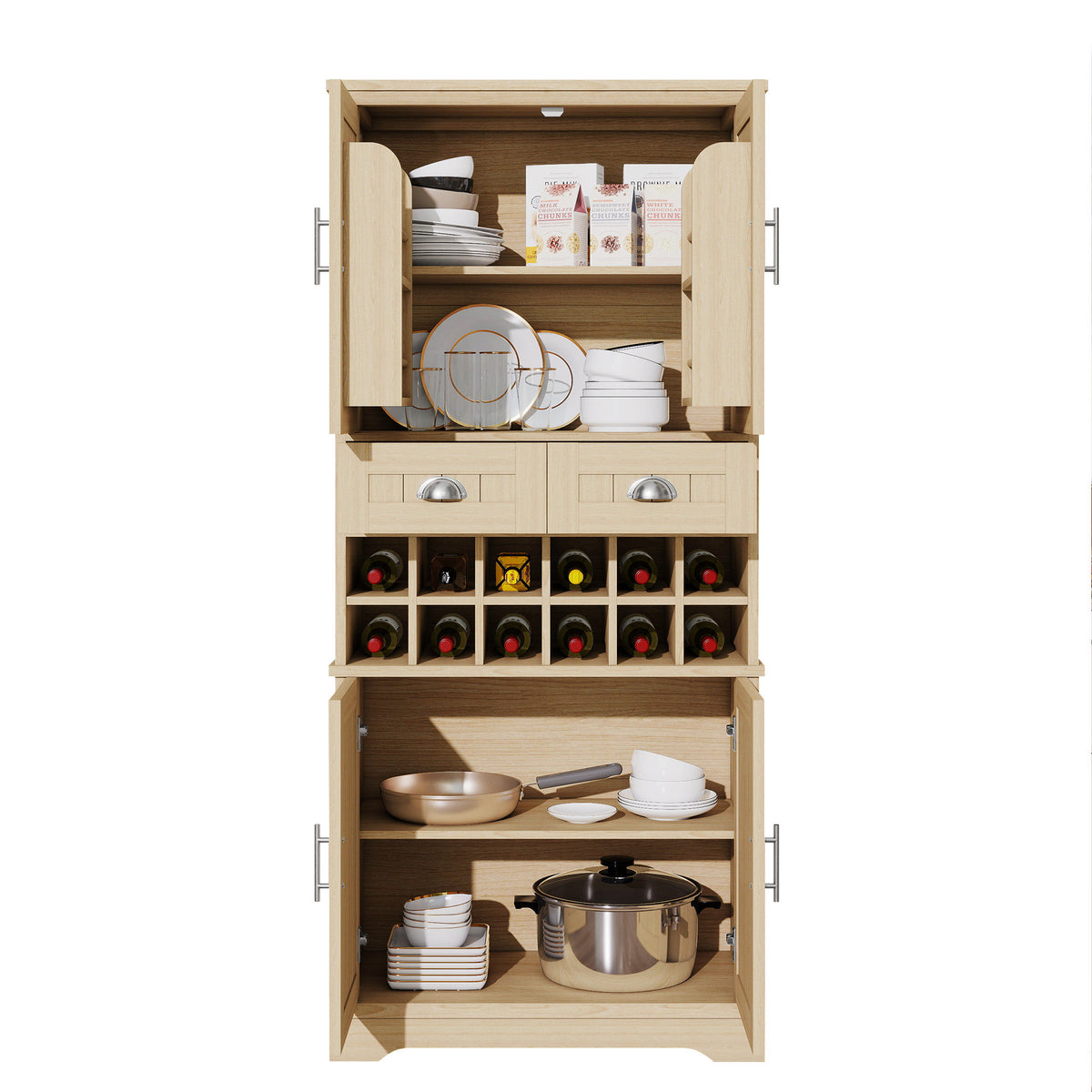 70.9" Tall Farmhouse Wine Storage Cabinet, Removable 12-Bottle Wine Rack, 2 Spacious Drawers, 4 Door Shelves, Adjustable Shelves & 2-Tier Storage Cabinets for Kitchen, Dining Room,Natural