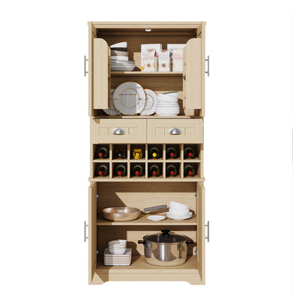 70.9" Tall Farmhouse Wine Storage Cabinet, Removable 12-Bottle Wine Rack, 2 Spacious Drawers, 4 Door Shelves, Adjustable Shelves & 2-Tier Storage Cabinets for Kitchen, Dining Room,Natural